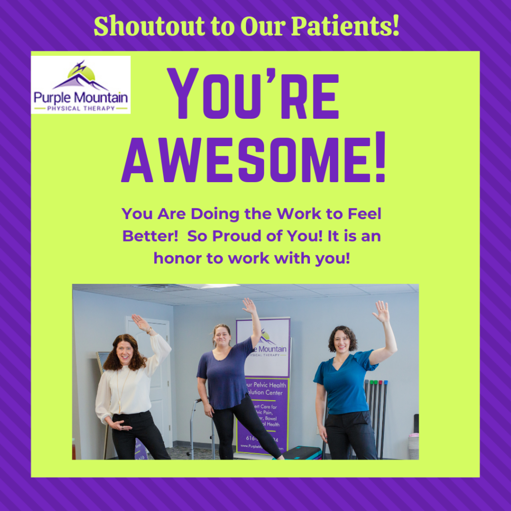 Picture of pelvic floor PT physical therapists waving and caption that says "shoutout to our patients, you're awesome!"