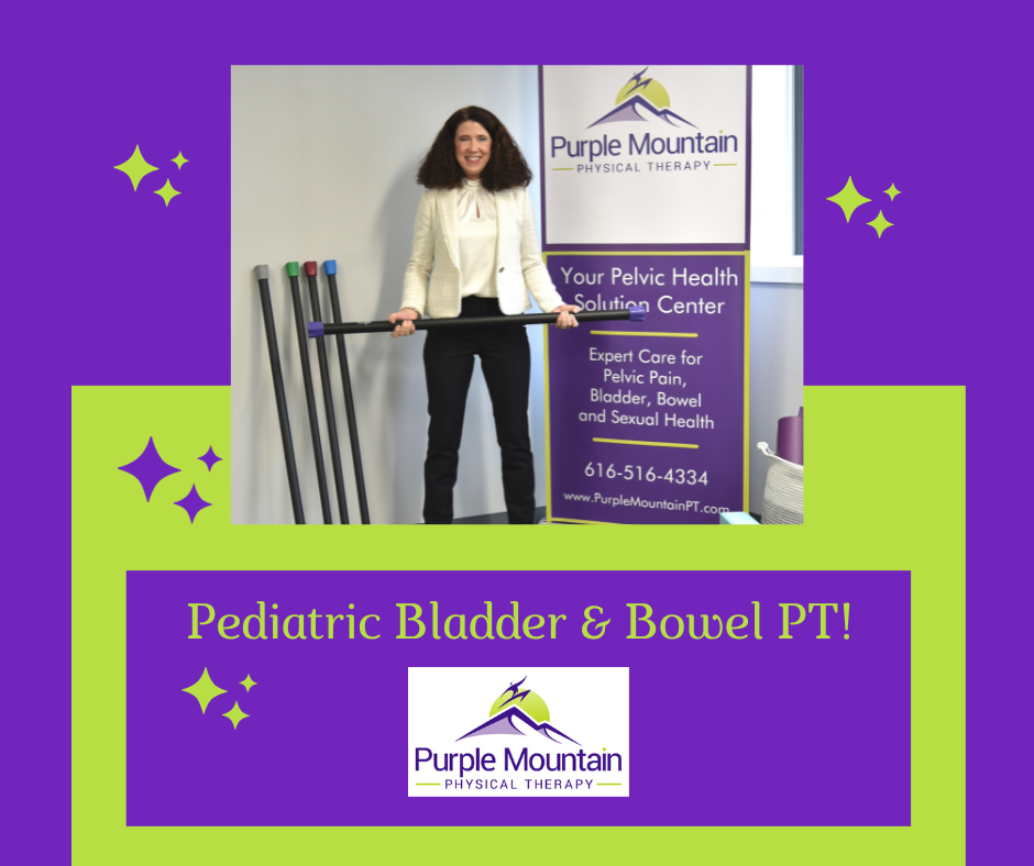 Picture of Physical Therapist Standing, Holding weight, near Purple Mountain PT sign with Pediatric Bladder & Bowel PT banner