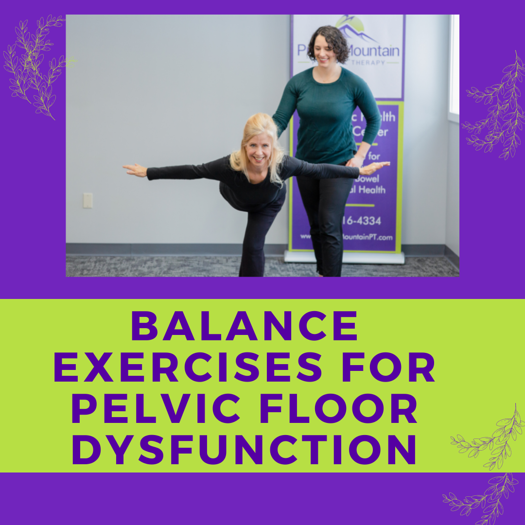 Woman balancing on one leg, doing an airplane pose, arms extended out, body leaning forward. Physical therapist is standing nearby teaching how to keep balance and work on pelvic floor dysfunction.