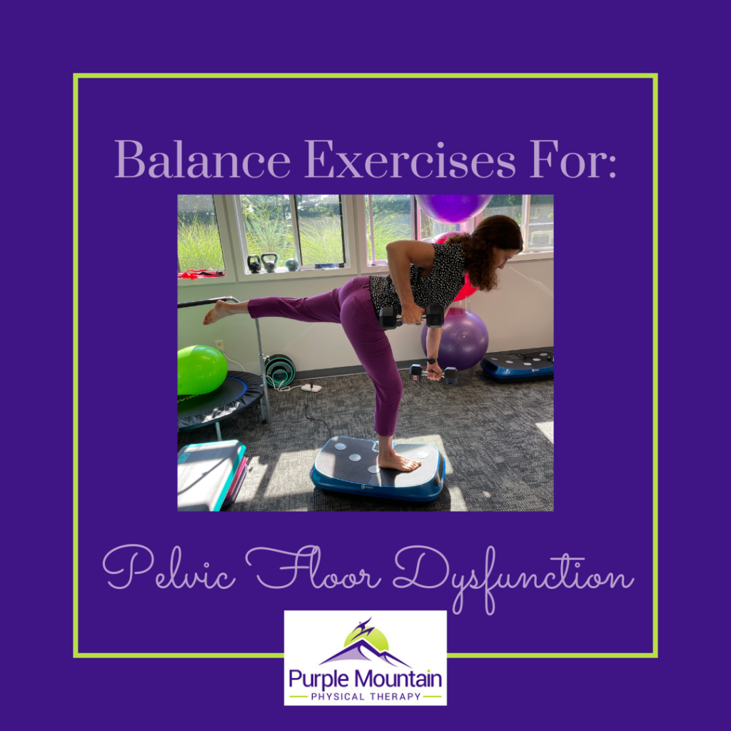 purple background with image centered, image of Dr, Maureen O'Keefe balancing on vibration plate. This design is for The Blog post Balance Exercises for Pelvic Floor Dysfunction Blog
