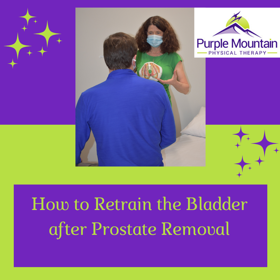 Man seated and talking to physical therapist about retraining the bladder and pelvic floor after prostate removal surgery