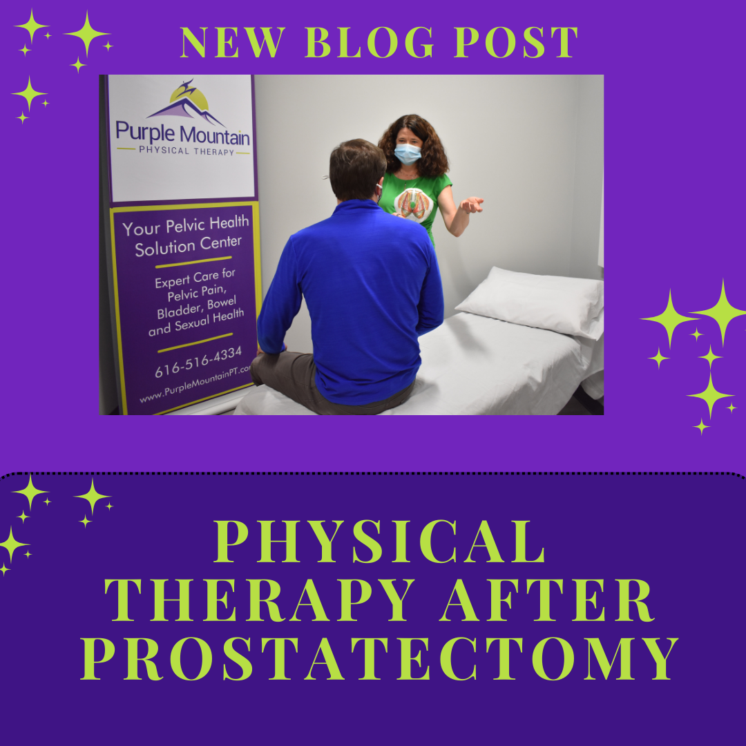 Picture of man seated in physical therapy office, talking to physical therapist about physical therapy and prostatectomy treatment