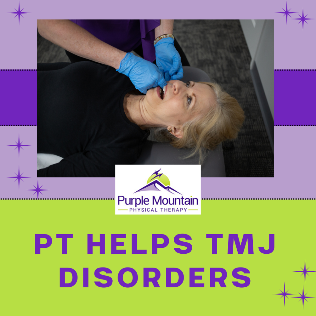 Woman lying down receiving TMJ disorder treatment including gentle massage inside her mouth from a physical therapist