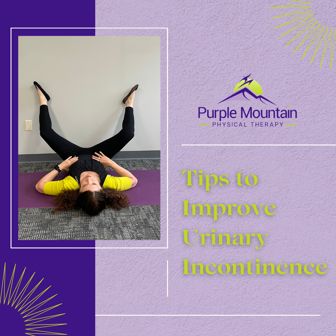 Blog image, tips to improve urinary incontinence. Image Maureen O'Keefe doing exercise on laying on the floor with legs lifted wide, feet up on the wall. For Tips to Improve Urinary Incontinence