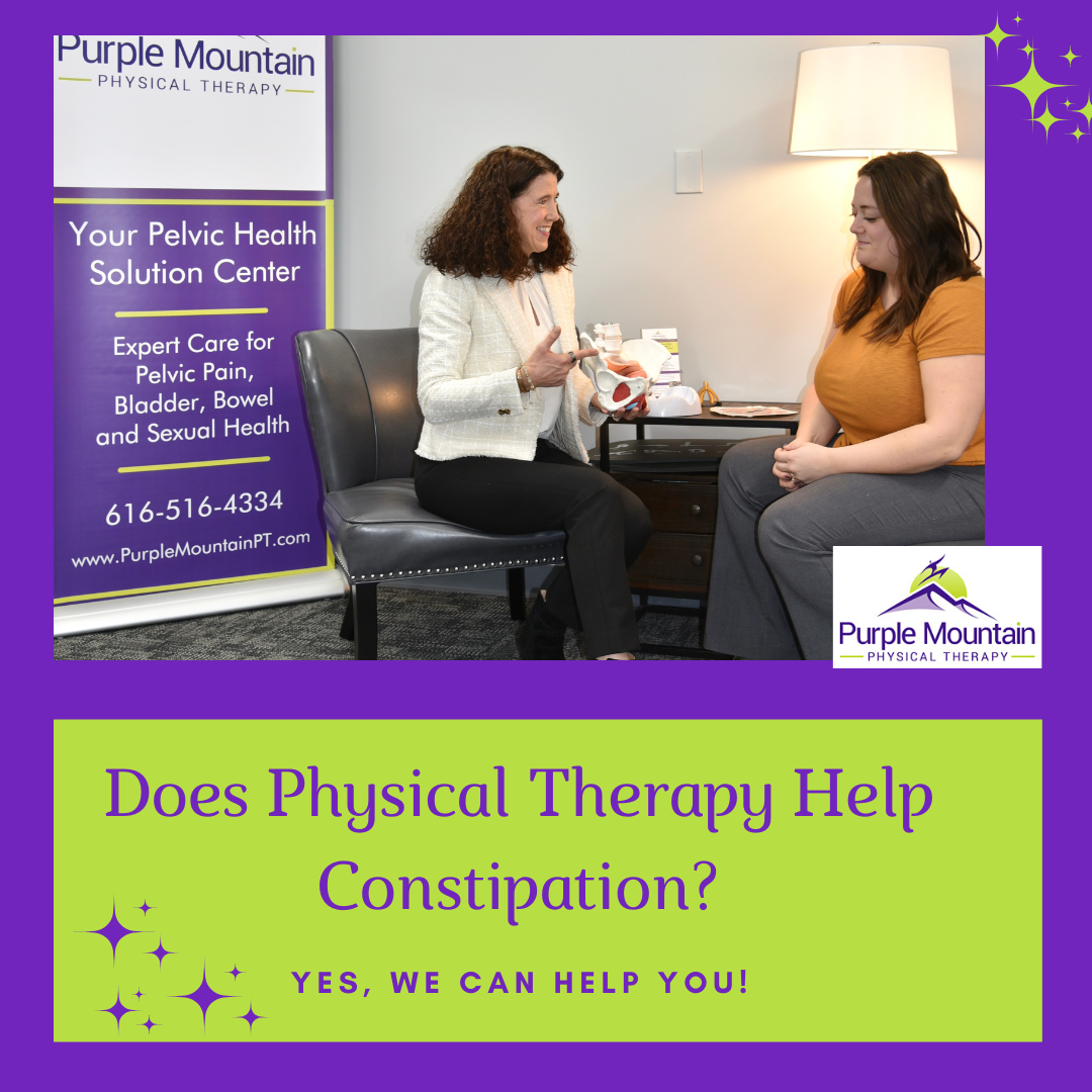 Seated patient who has constipation talking to pelvic health physical therapist who is holding model of pelvis and teaching about how physical therapy can help constipation.