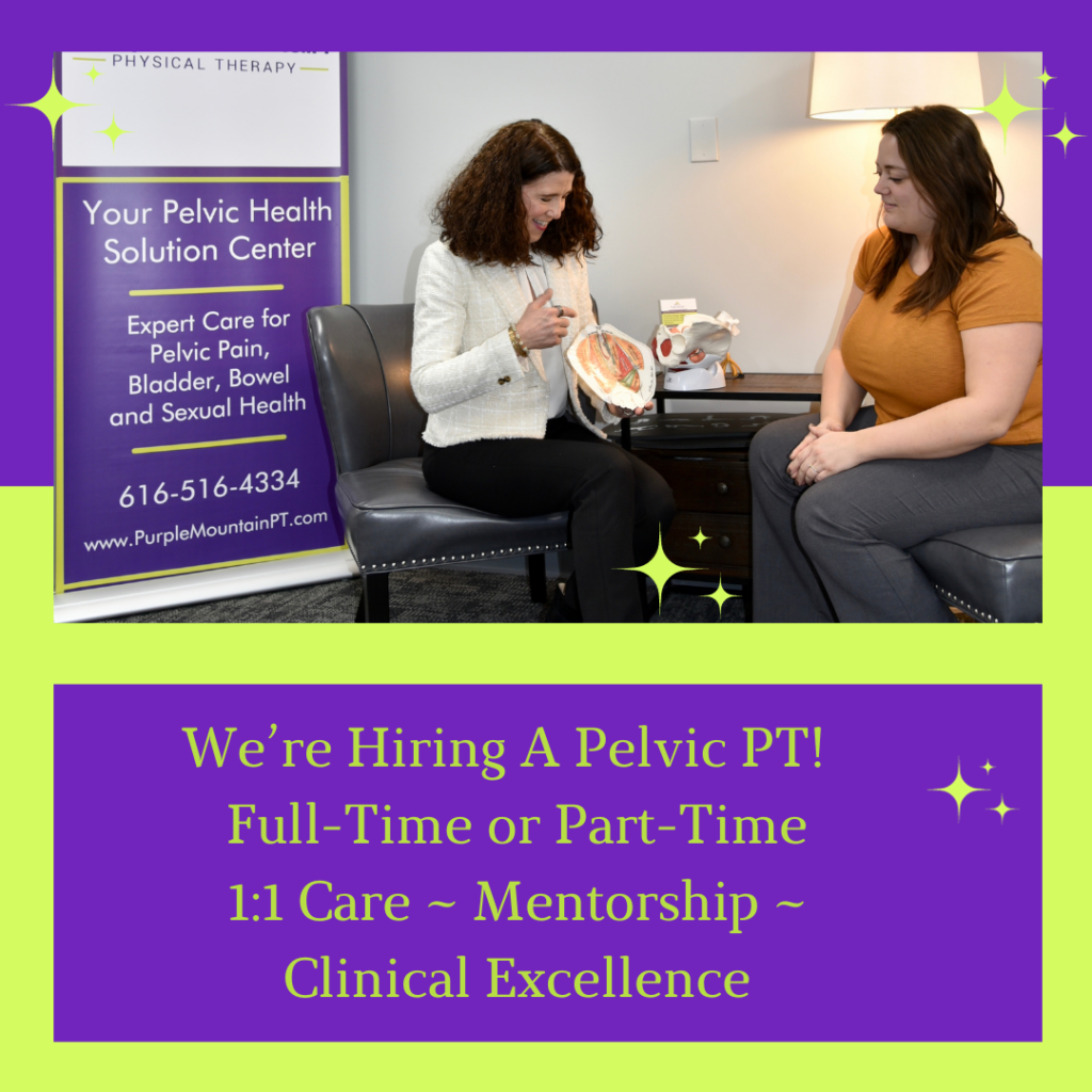 Pelvic PT at Purple Mountain PT is seated and holding a pelvic floor diagram. Across from her is a seated patient who is learning about the pelvic floor muscles. The words say "we are hiring a pelvic PT. Full Time or Part time. 1:1 Care. Mentorship. Clinical Excellence
